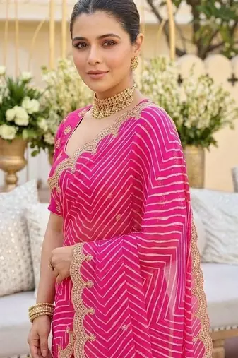 Pink ethnic motifs gotta patti pure georgette heavy work leheriya saree