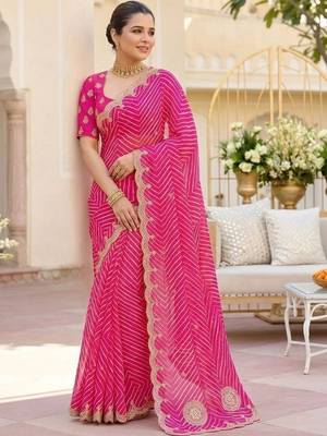 Pink ethnic motifs gotta patti pure georgette heavy work leheriya saree 4