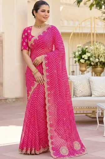 Pink ethnic motifs gotta patti pure georgette heavy work leheriya saree