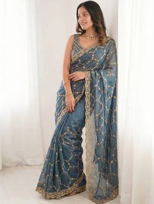 Blue embellished zari satin heavy work saree 1