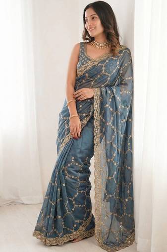 Blue embellished zari satin heavy work saree