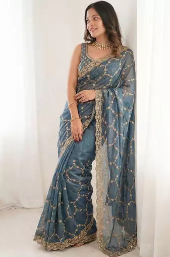 Blue embellished zari satin heavy work saree