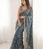 Blue embellished zari satin heavy work saree