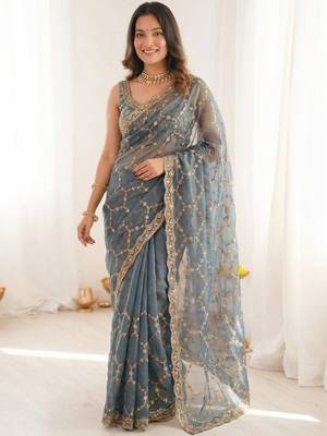 Blue embellished zari satin heavy work saree 2