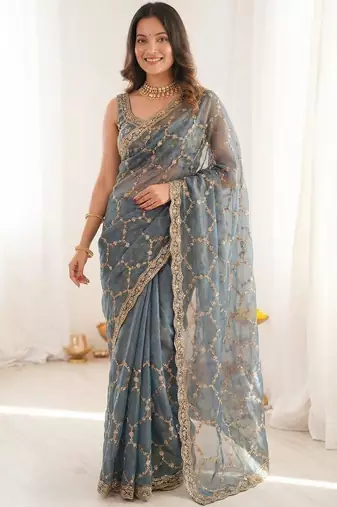Blue embellished zari satin heavy work saree