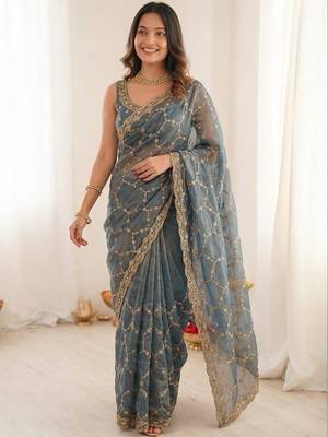 Blue embellished zari satin heavy work saree 3