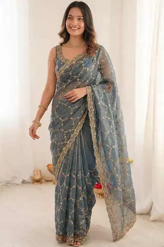 Blue embellished zari satin heavy work saree