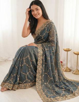 Blue embellished zari satin heavy work saree 4