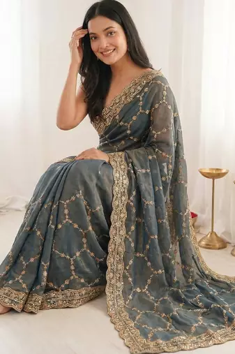 Blue embellished zari satin heavy work saree