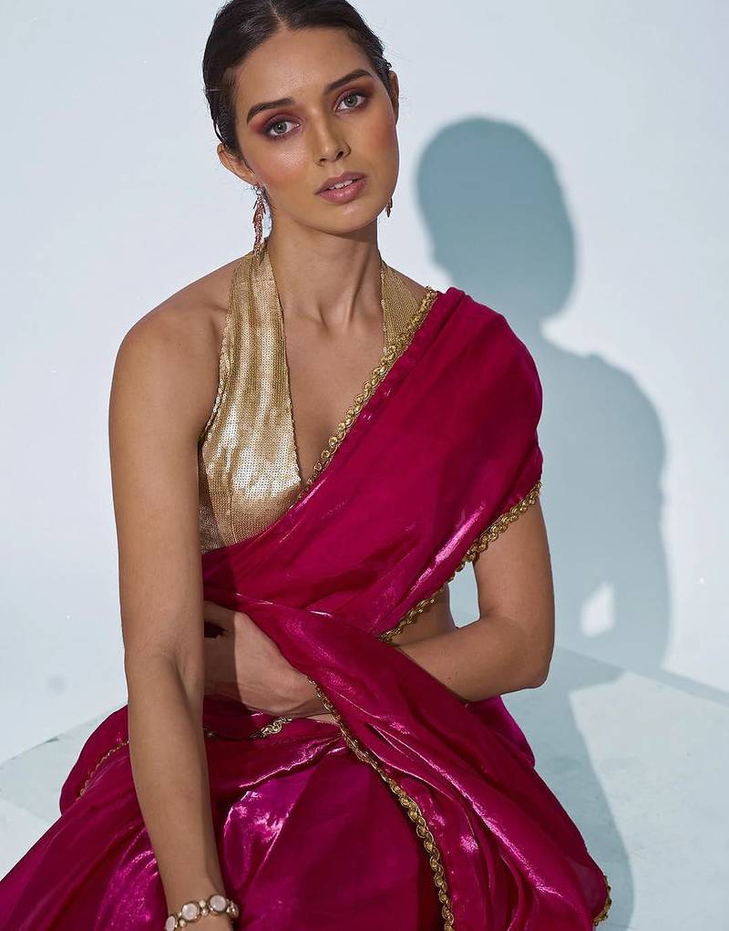 Pink sequinned organza saree