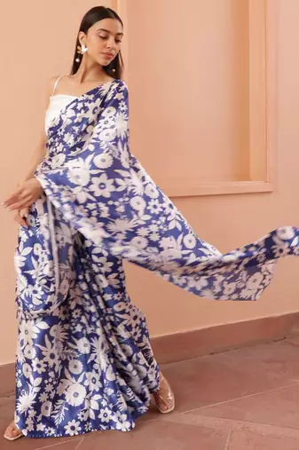 Blue floral printed celebrity saree