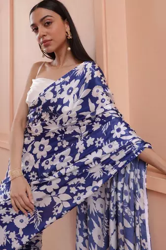 Blue floral printed celebrity saree