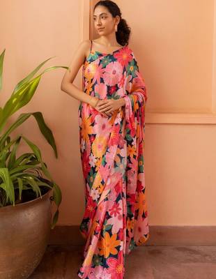 blue floral satin saree 1