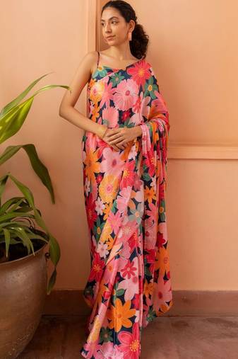 blue floral satin saree