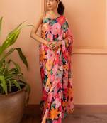 blue floral satin saree