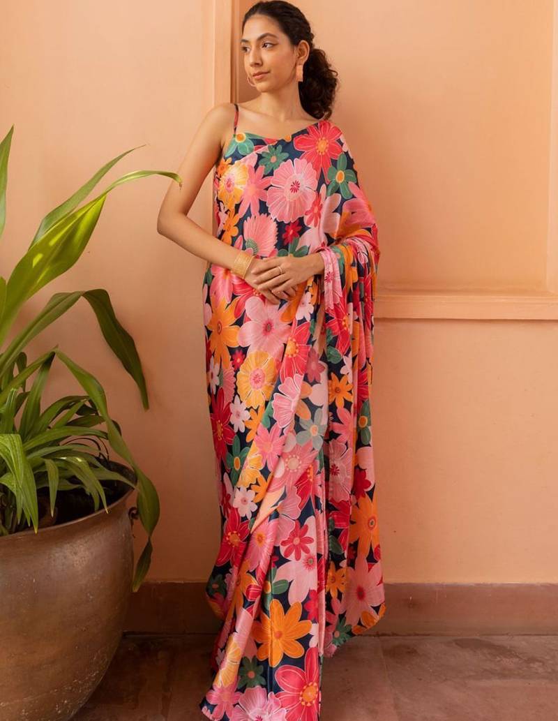 blue floral satin saree