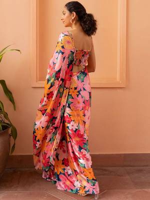 blue floral satin saree 2