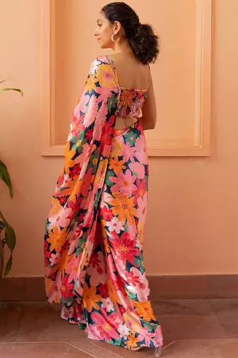 blue floral satin saree