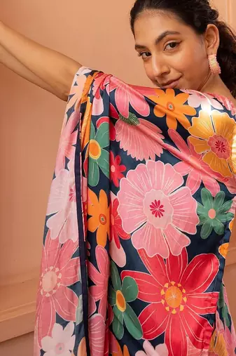 blue floral satin saree