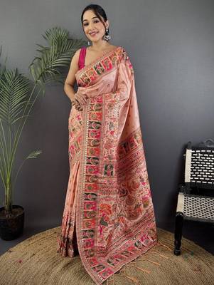 peach ethnic motifs zari silk blend paithani saree 1