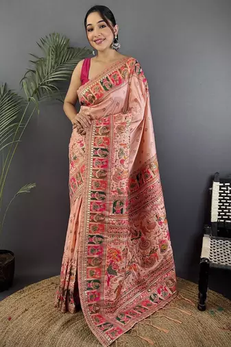 peach ethnic motifs zari silk blend paithani saree