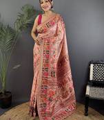 peach ethnic motifs zari silk blend paithani saree