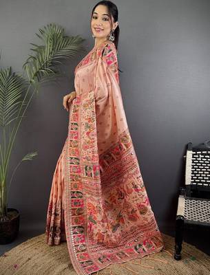 peach ethnic motifs zari silk blend paithani saree 2