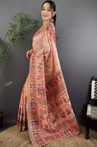 peach ethnic motifs zari silk blend paithani saree