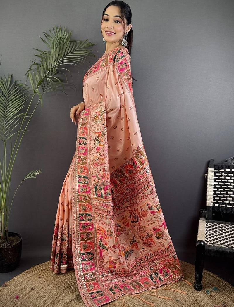 peach ethnic motifs zari silk blend paithani saree