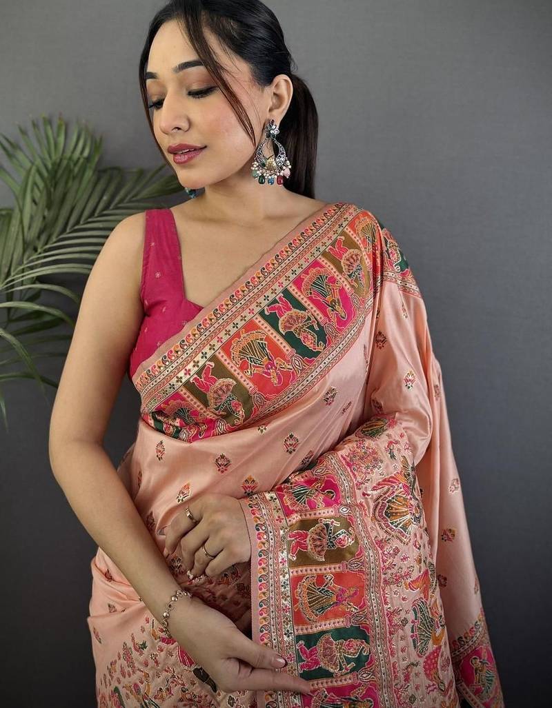 peach ethnic motifs zari silk blend paithani saree