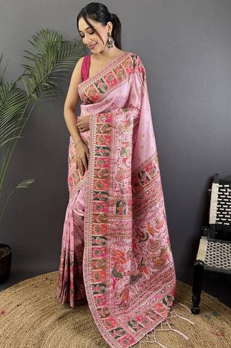 pink ethnic motifs zari silk blend paithani saree