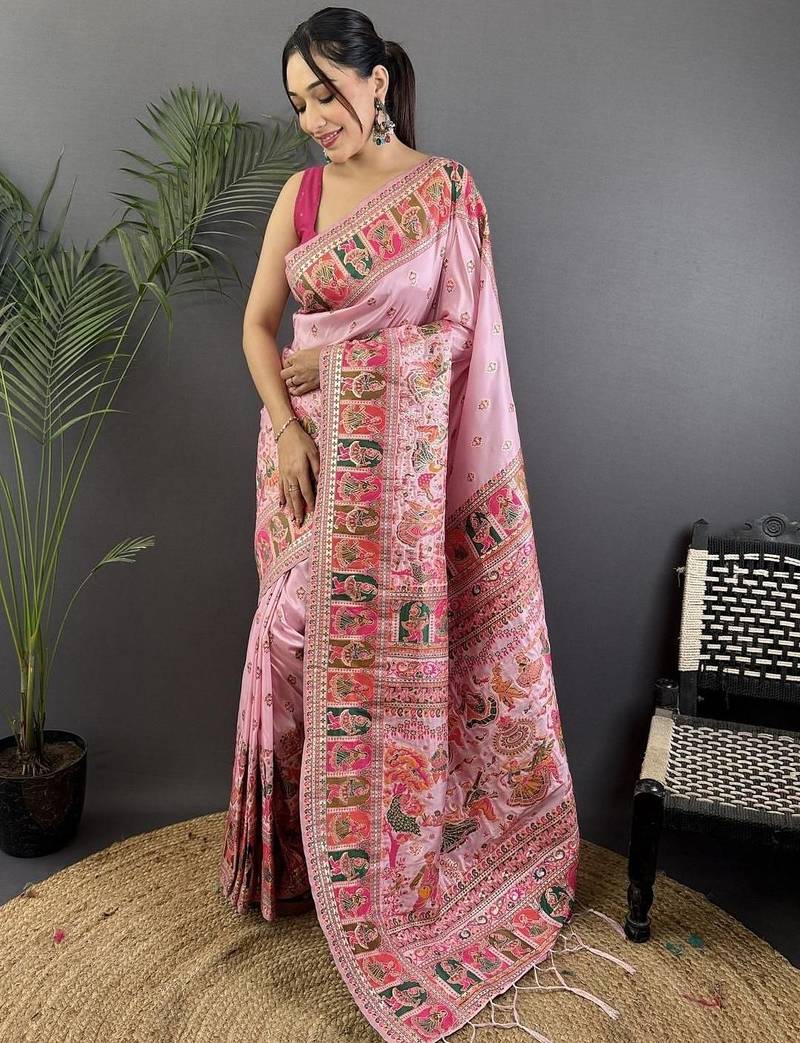 pink ethnic motifs zari silk blend paithani saree