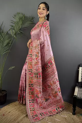 pink ethnic motifs zari silk blend paithani saree