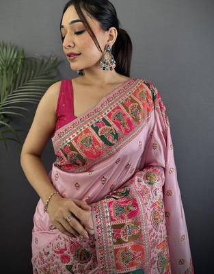 pink ethnic motifs zari silk blend paithani saree 3