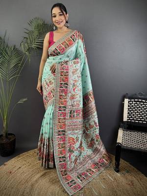 Blue ethnic motifs zari silk blend paithani saree 1