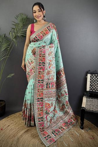 Blue ethnic motifs zari silk blend paithani saree