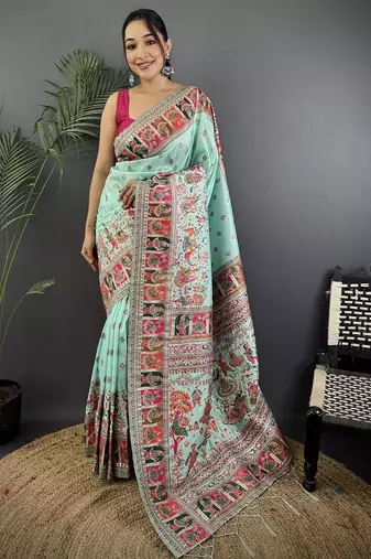 Blue ethnic motifs zari silk blend paithani saree