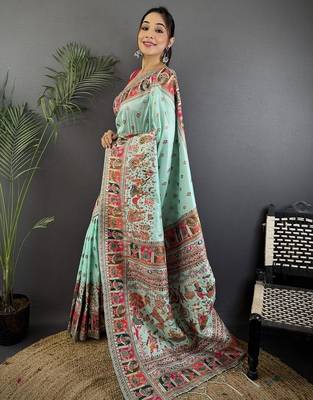 Blue ethnic motifs zari silk blend paithani saree 2