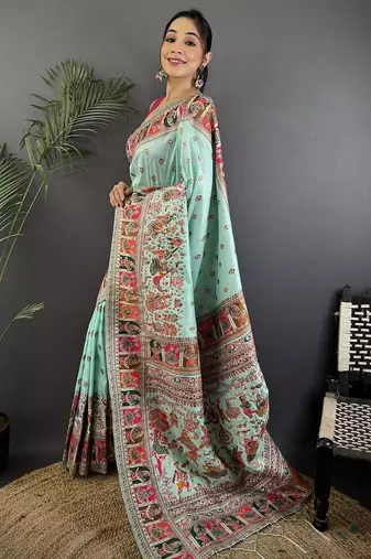 Blue ethnic motifs zari silk blend paithani saree