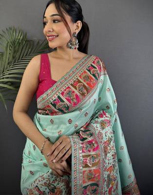 Blue ethnic motifs zari silk blend paithani saree 3