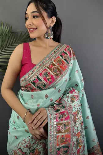 Blue ethnic motifs zari silk blend paithani saree