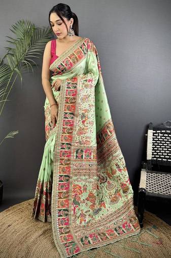 Light lime ethnic motifs zari silk blend paithani saree