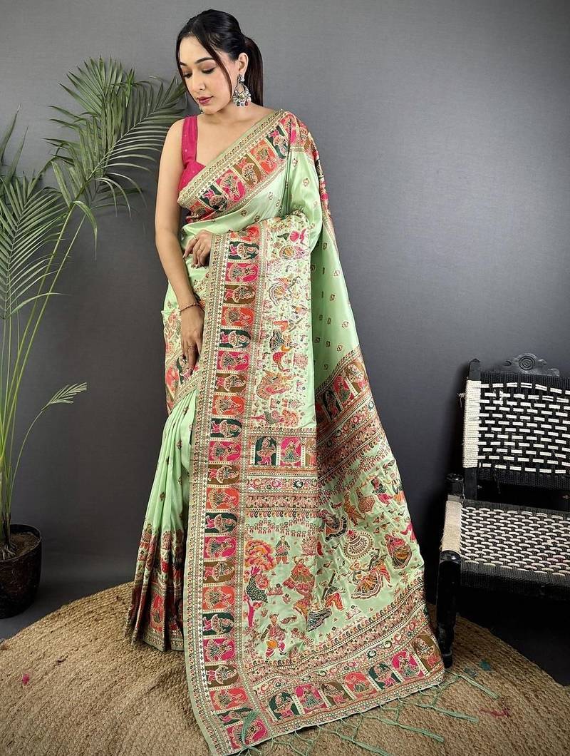 Light lime ethnic motifs zari silk blend paithani saree