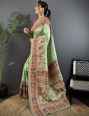 Light lime ethnic motifs zari silk blend paithani saree 2