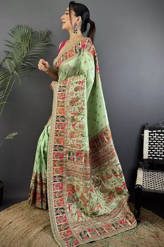 Light lime ethnic motifs zari silk blend paithani saree