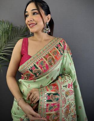 Light lime ethnic motifs zari silk blend paithani saree 3