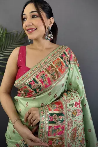 Light lime ethnic motifs zari silk blend paithani saree