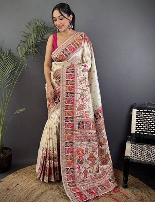 White floral zari silk blend paithani saree 1