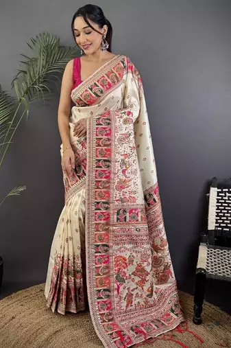 White floral zari silk blend paithani saree