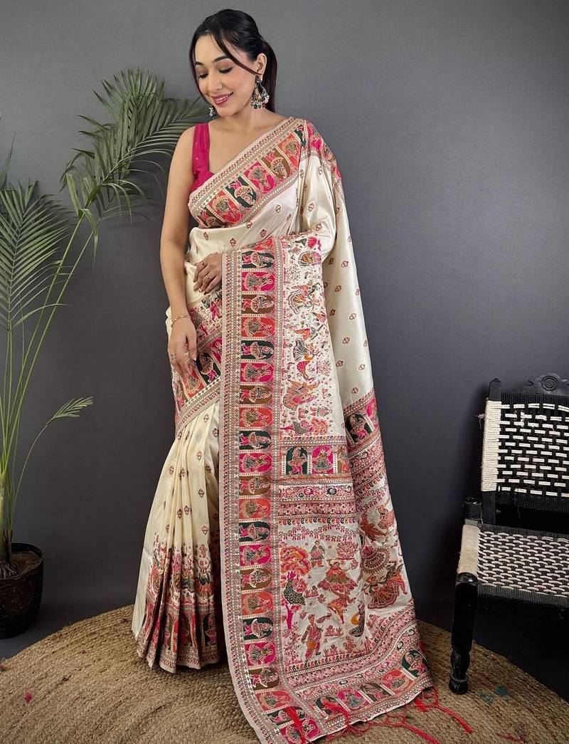 White floral zari silk blend paithani saree